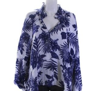 Felicite Womens Cotton Leaf Print V-Neck Long Sleeve Blouse SIZE 2